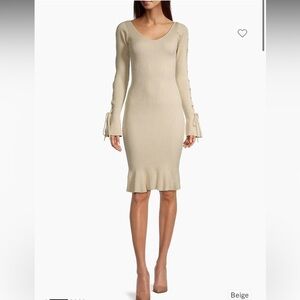 Undra Celeste New York Saks Fifth Avenue Long Sleeve Beige Ribbed Sweaterdress